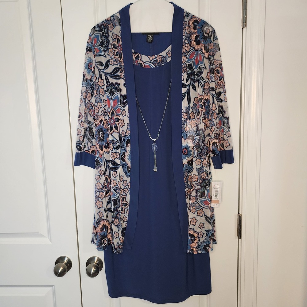 R&M Richards Indigo Coral Floral 2 Piece Dress Jacket Set Womens Size 12